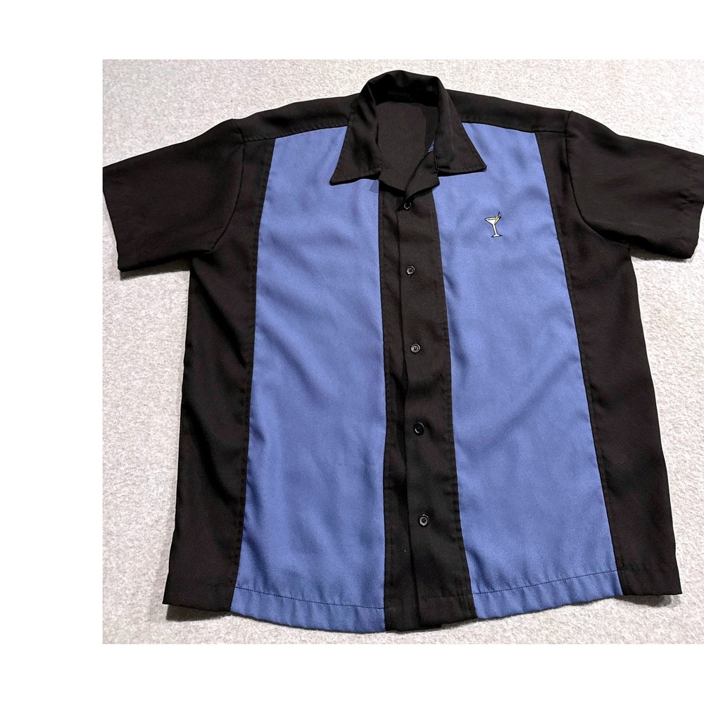 Steady Last Call Mens Bowling Shirt Black Blue Martini Glass Retro Rockabilly L
